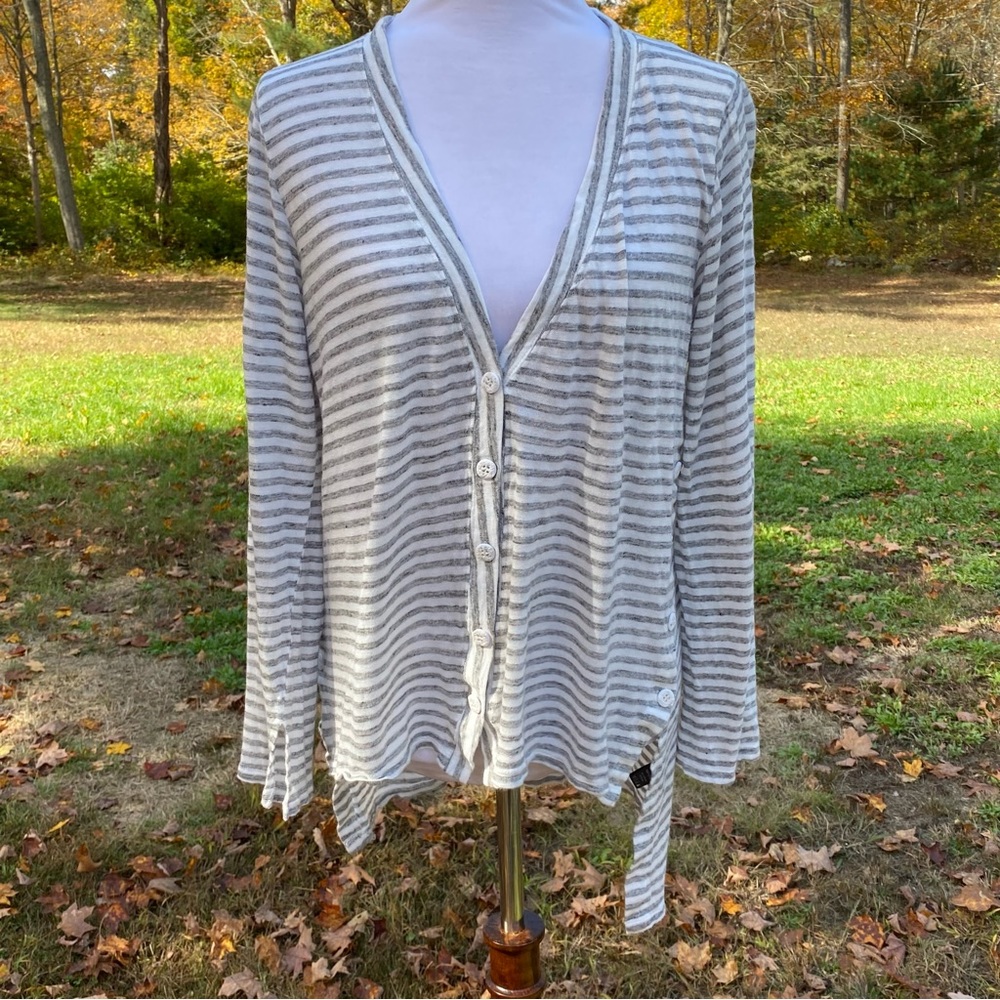 POL SWEATER CARDIGAN GRAY WHITE STRIPE ASYMMETRICAL HEM V-NECK SIZE M